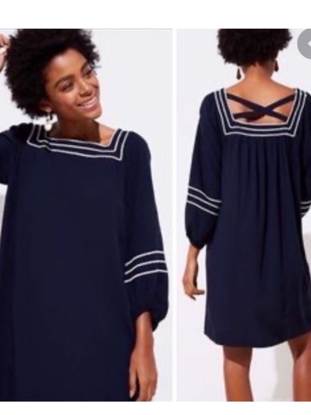 LOFT Navy Sailor-Style Shift Dress with White Trim
